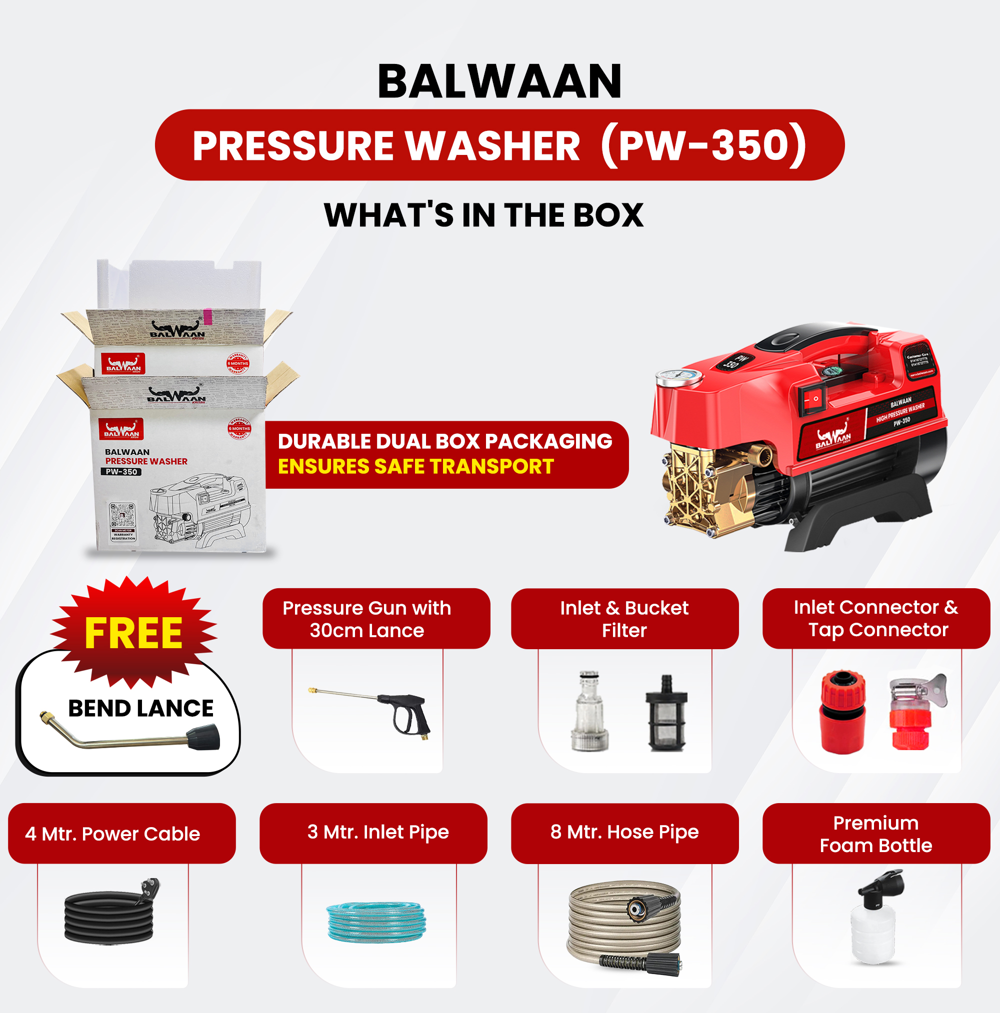 BALWAAN PRESSUR WASHER [PW-350] HEAVY DUTY PUMP HEAD WITH POWERFULL 1800W COPPER MOTOR