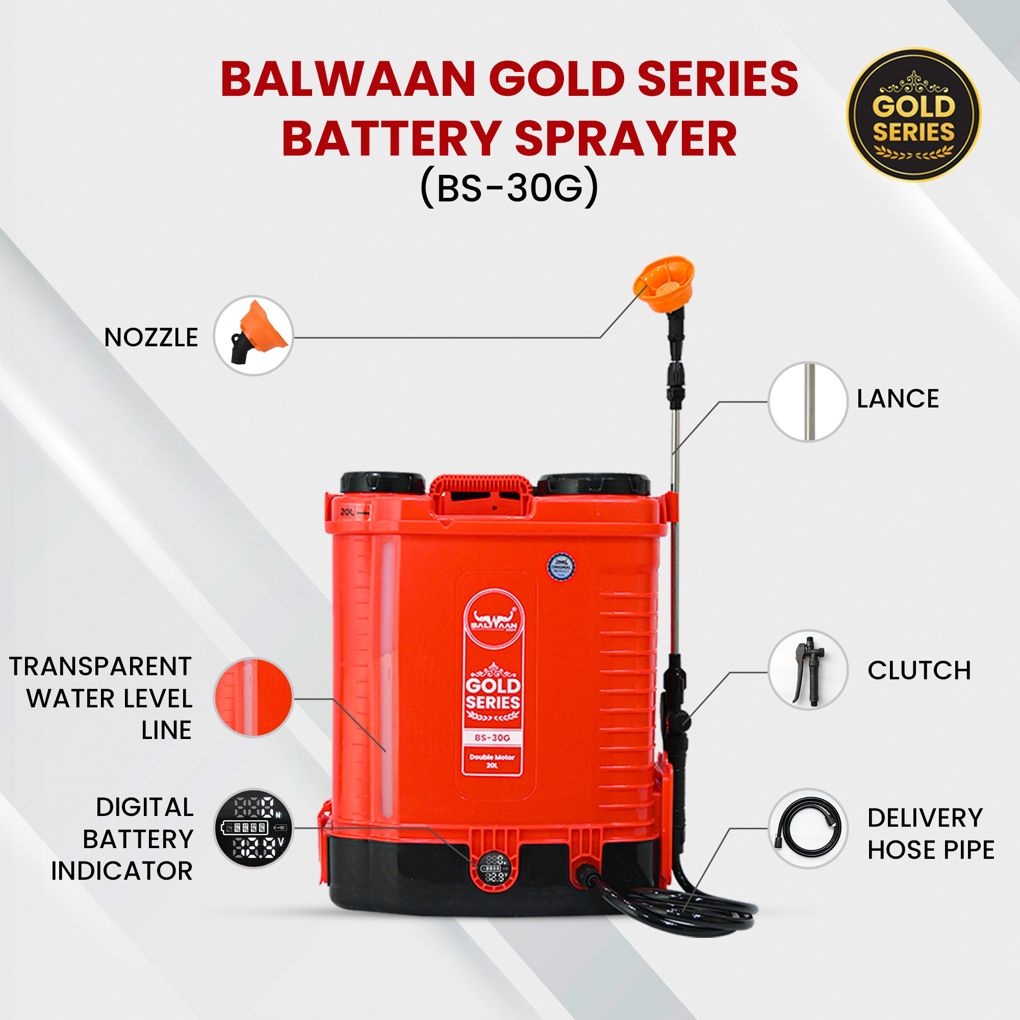 BALWAAN GOLD SERIIES BATTRY SPRAYER BS-30G 12VOLTS X 12 APPER DOUBLE MOTOR FIRST DIGITAL BATTRY INDICATOR