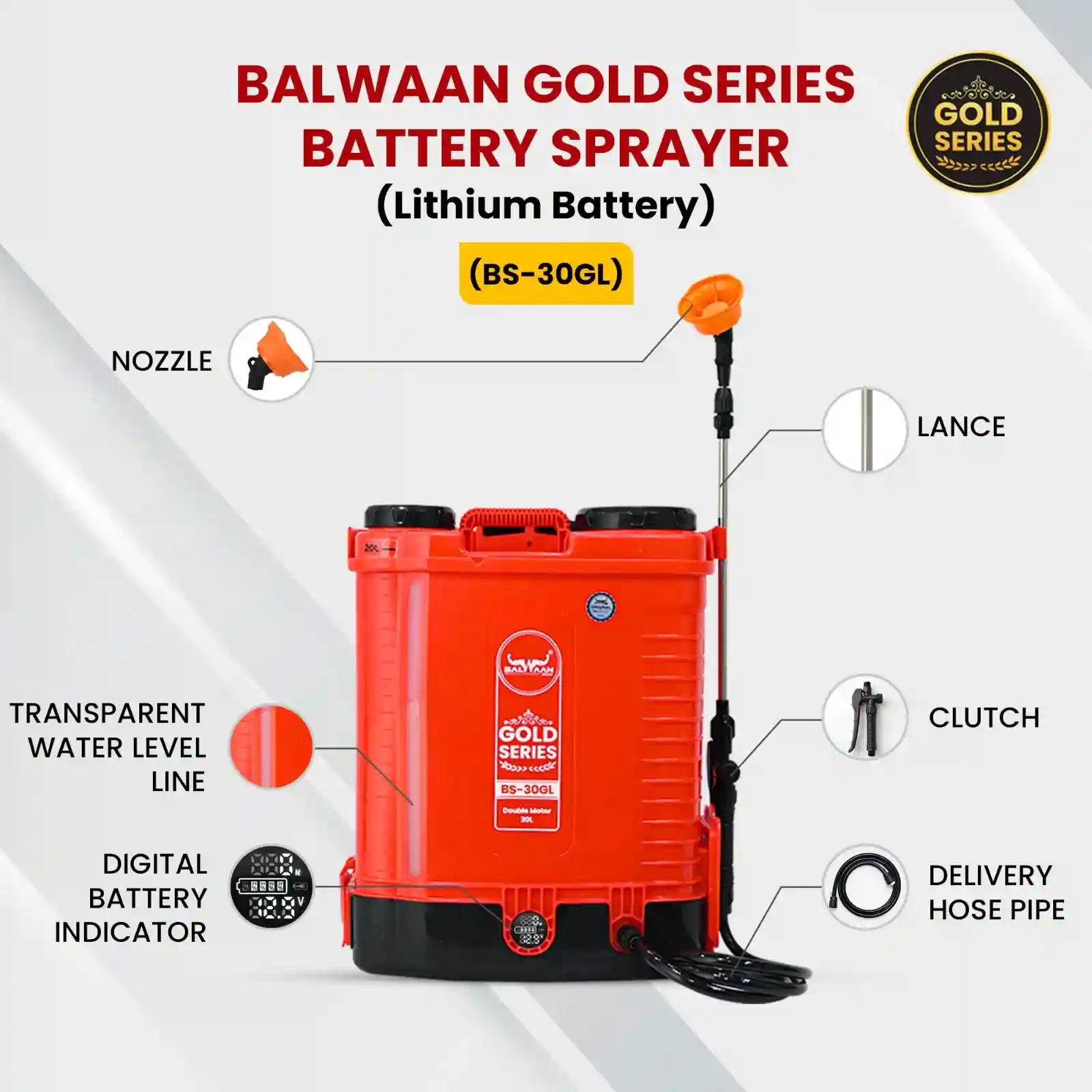 BALWAAN GOLD SERIES BATTRY SPRAYER BS-30GL WITH LITHIAM-ION BATTRY / 12 VOLTS X 12 AMPERE DOUBLE MOTOR HIGH-PRESSURE AGRIICULTURE SPRAYER
