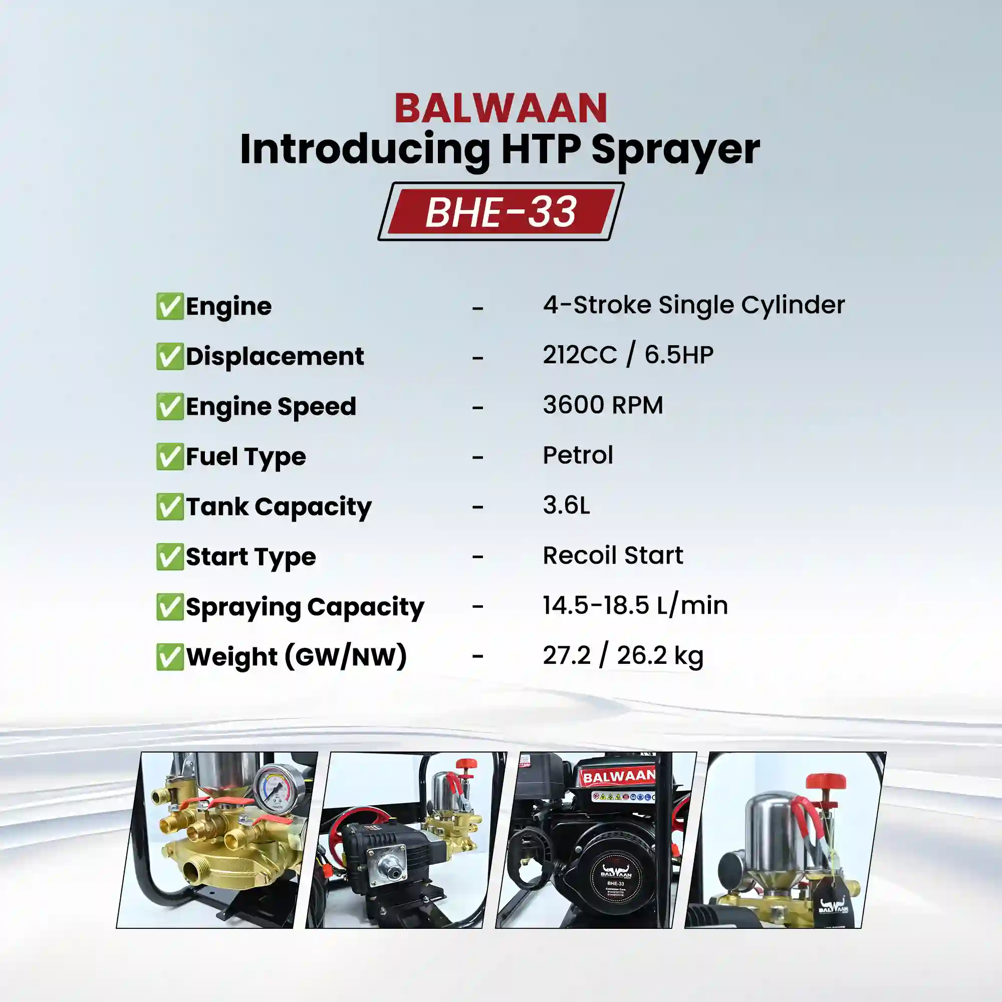 BALWAAN 33 NO.HTP SPRAYER WITH 6.5 HP ENGINE & SOMTR HOSE | BHE-33