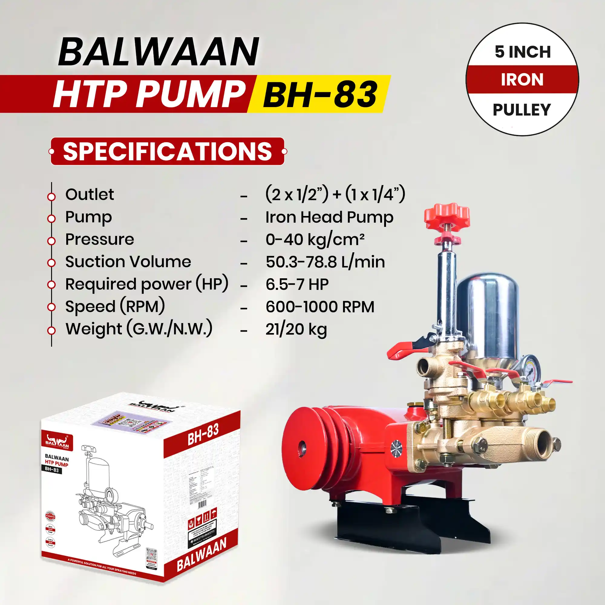 BALWAAN HTP PUMP BH-83 HEAVY DUTY HIGH PRESSUR TRIPUL PISTUN PUMP WITH INCH IRON PULLEY FOR SPRAYINGN CLEANING
