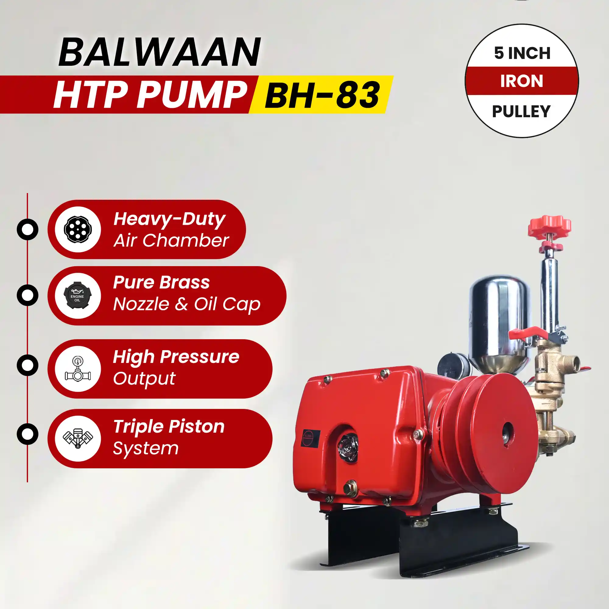 BALWAAN HTP PUMP BH-83 HEAVY DUTY HIGH PRESSUR TRIPUL PISTUN PUMP WITH INCH IRON PULLEY FOR SPRAYINGN CLEANING