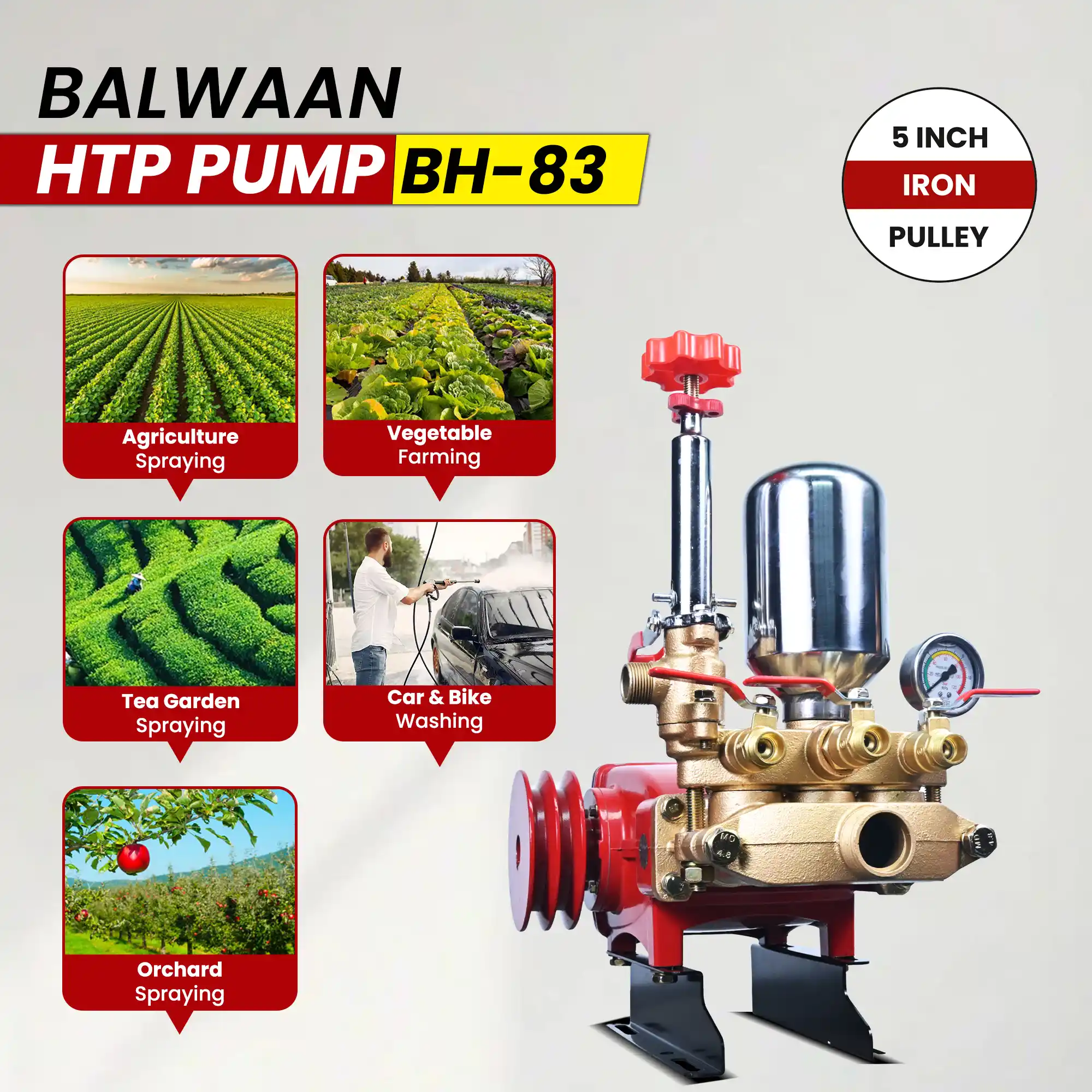BALWAAN HTP PUMP BH-83 HEAVY DUTY HIGH PRESSUR TRIPUL PISTUN PUMP WITH INCH IRON PULLEY FOR SPRAYINGN CLEANING
