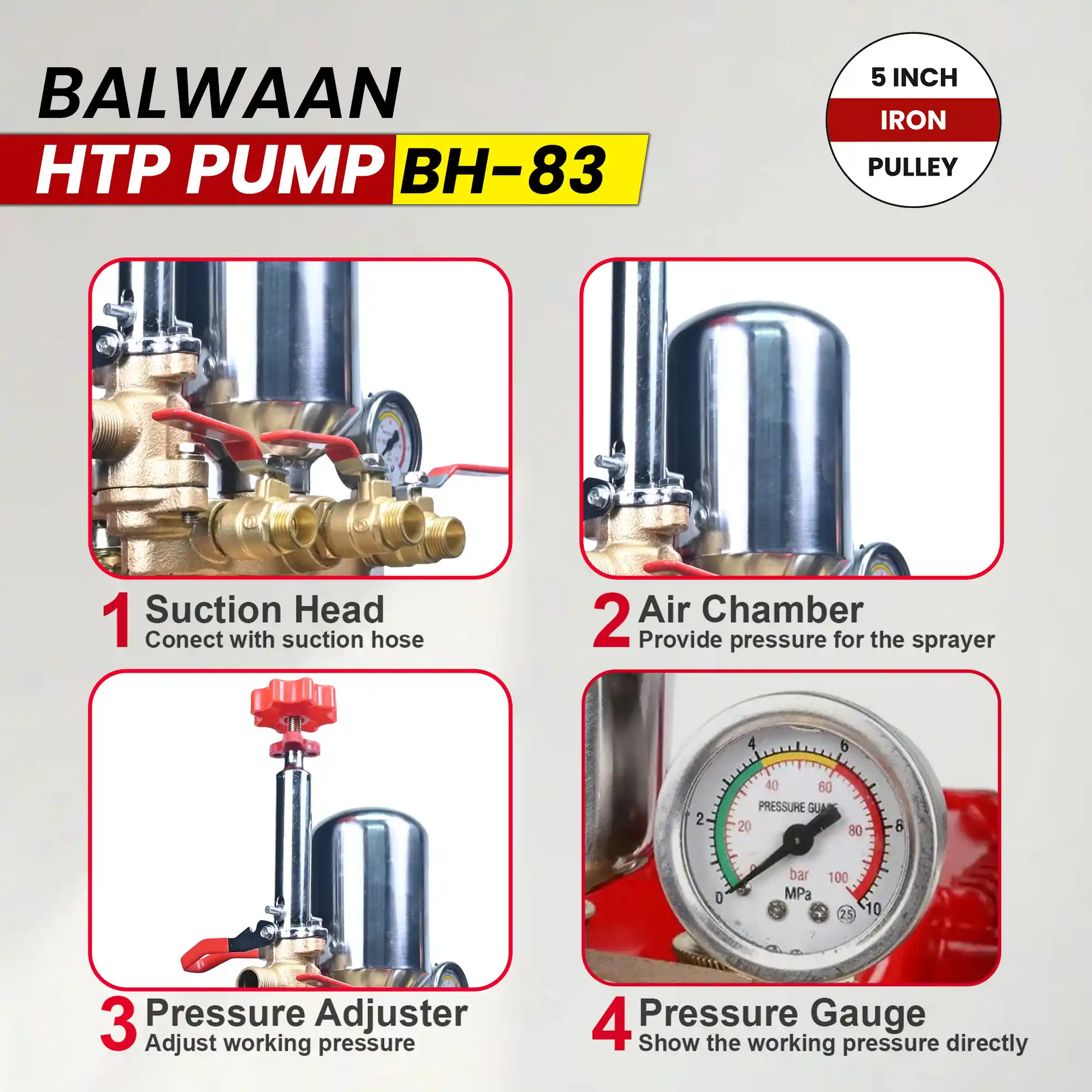 BALWAAN HTP PUMP BH-83 HEAVY DUTY HIGH PRESSUR TRIPUL PISTUN PUMP WITH INCH IRON PULLEY FOR SPRAYINGN CLEANING