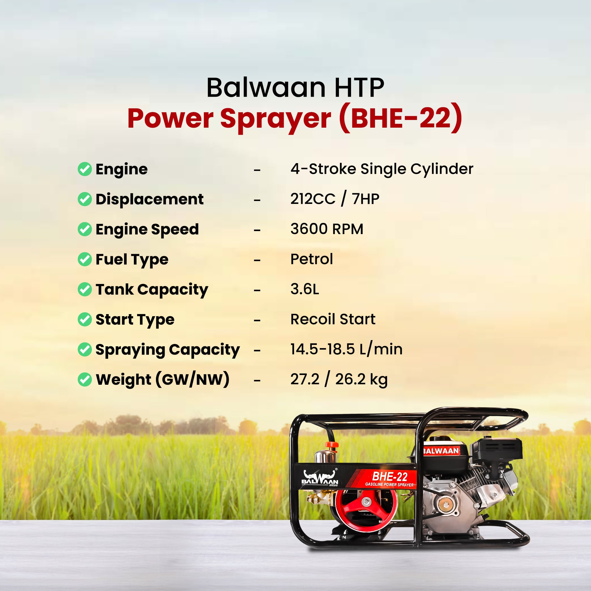 BALWAAN22NO.HTP SPRAYER WITH 6.5HP ENGINE 50MTR HOSE BHE-22