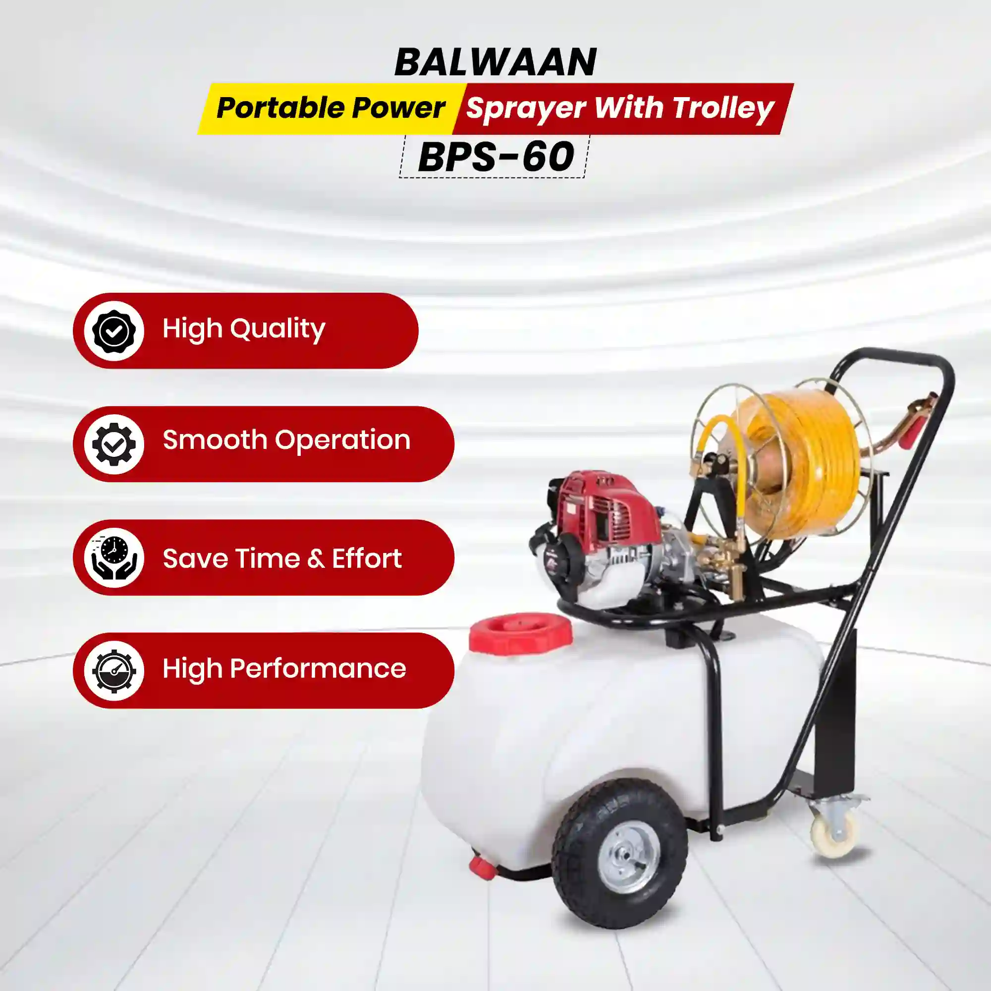 BALWAAN BP-60 PORTABLE POWER SPRAYER WITH TROLEY 50LTR TANK 35CC PETROL ENGINE 30M HOSE BRASS PUMP FOR PESTICIDE FORTILIZER SANITIRATION USE