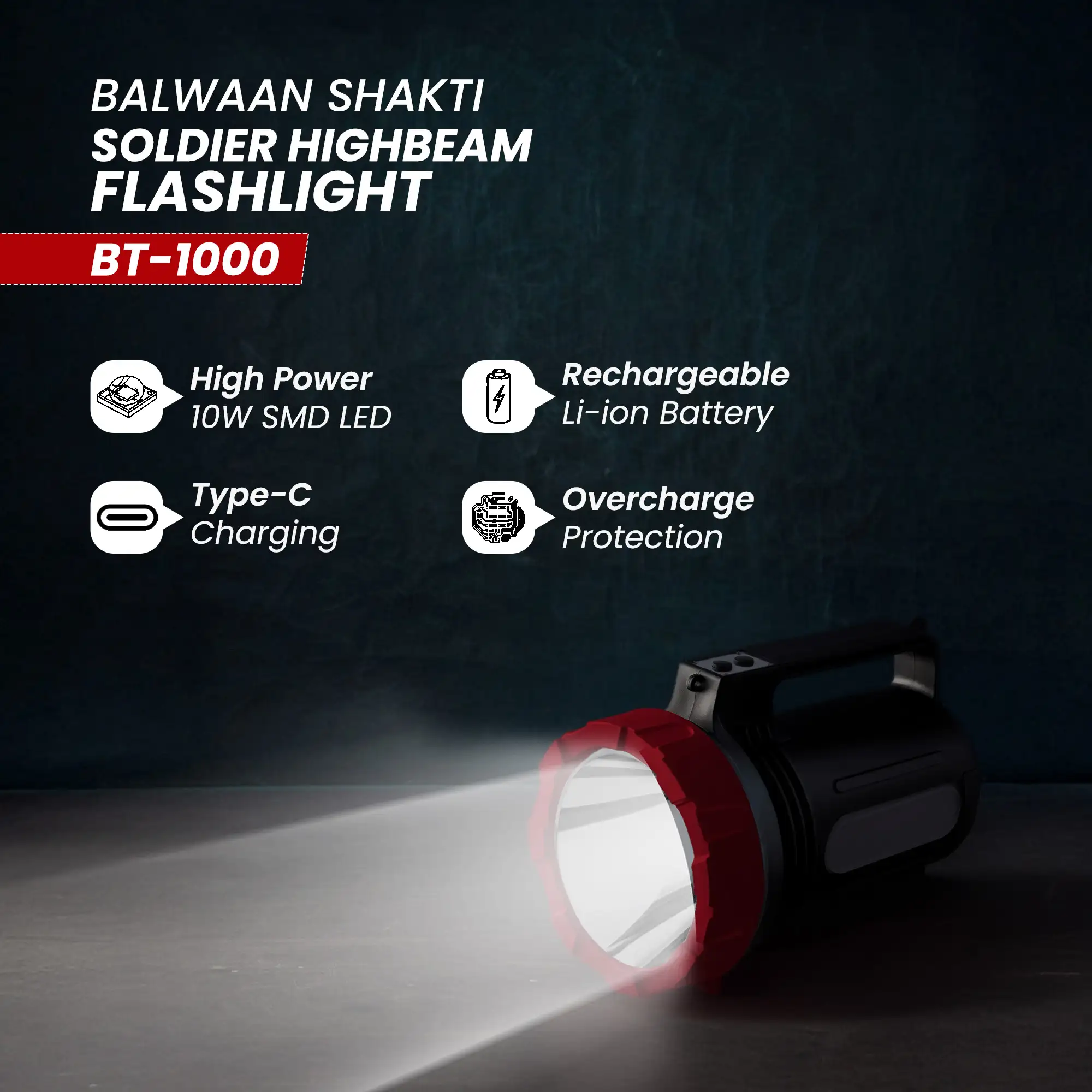 BALWAAN SHAKTI BT-1000 SOLDER HIGH BEAM FLASHLIGHT / 10W SMD LED TORCH TYPE-C CHARGING