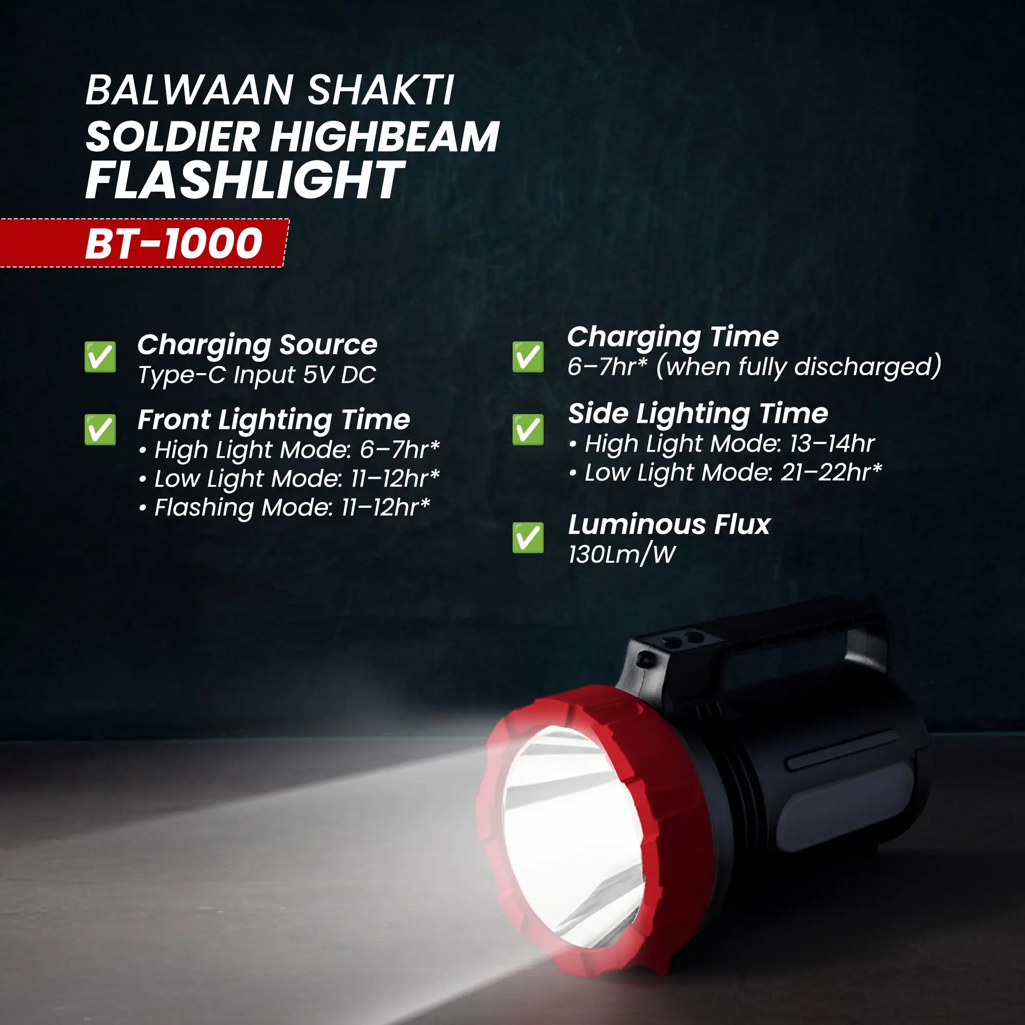 BALWAAN SHAKTI BT-1000 SOLDER HIGH BEAM FLASHLIGHT / 10W SMD LED TORCH TYPE-C CHARGING
