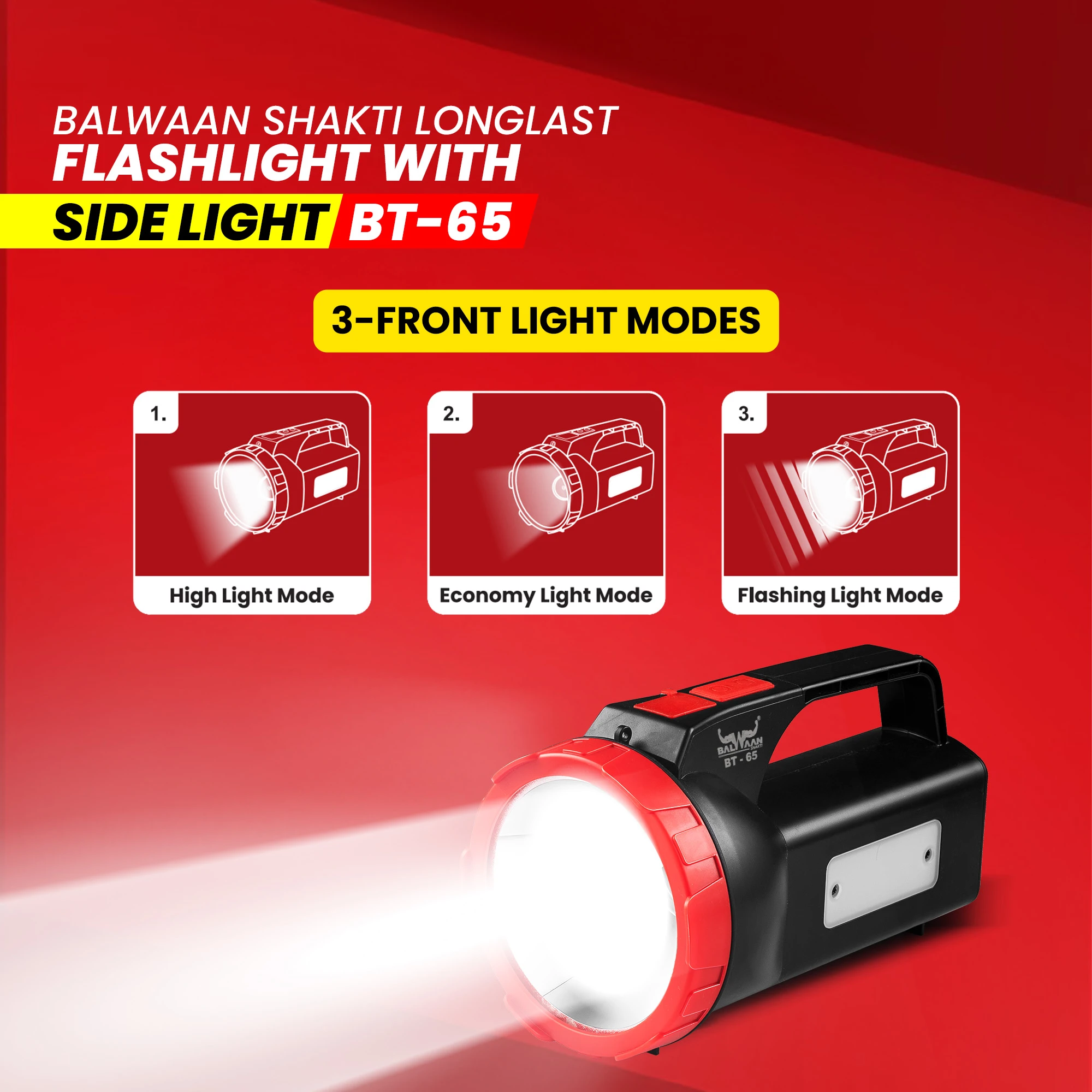 BALWAAN SHAKTI LONGLAST FLASH LIGHT TORCH WITH SIDE LIGHT BT-65 MULTI MODE 5W LED USB-C-RECHARGEBLE LIGHT