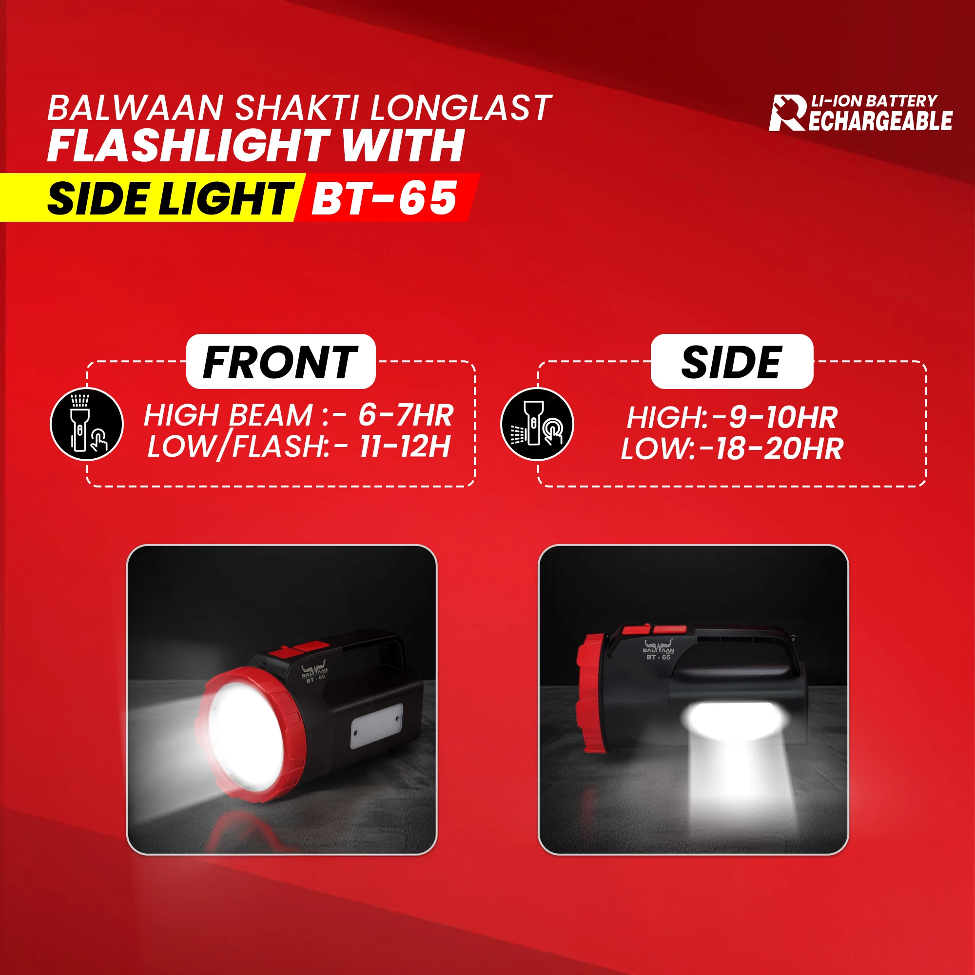 BALWAAN SHAKTI LONGLAST FLASH LIGHT TORCH WITH SIDE LIGHT BT-65 MULTI MODE 5W LED USB-C-RECHARGEBLE LIGHT