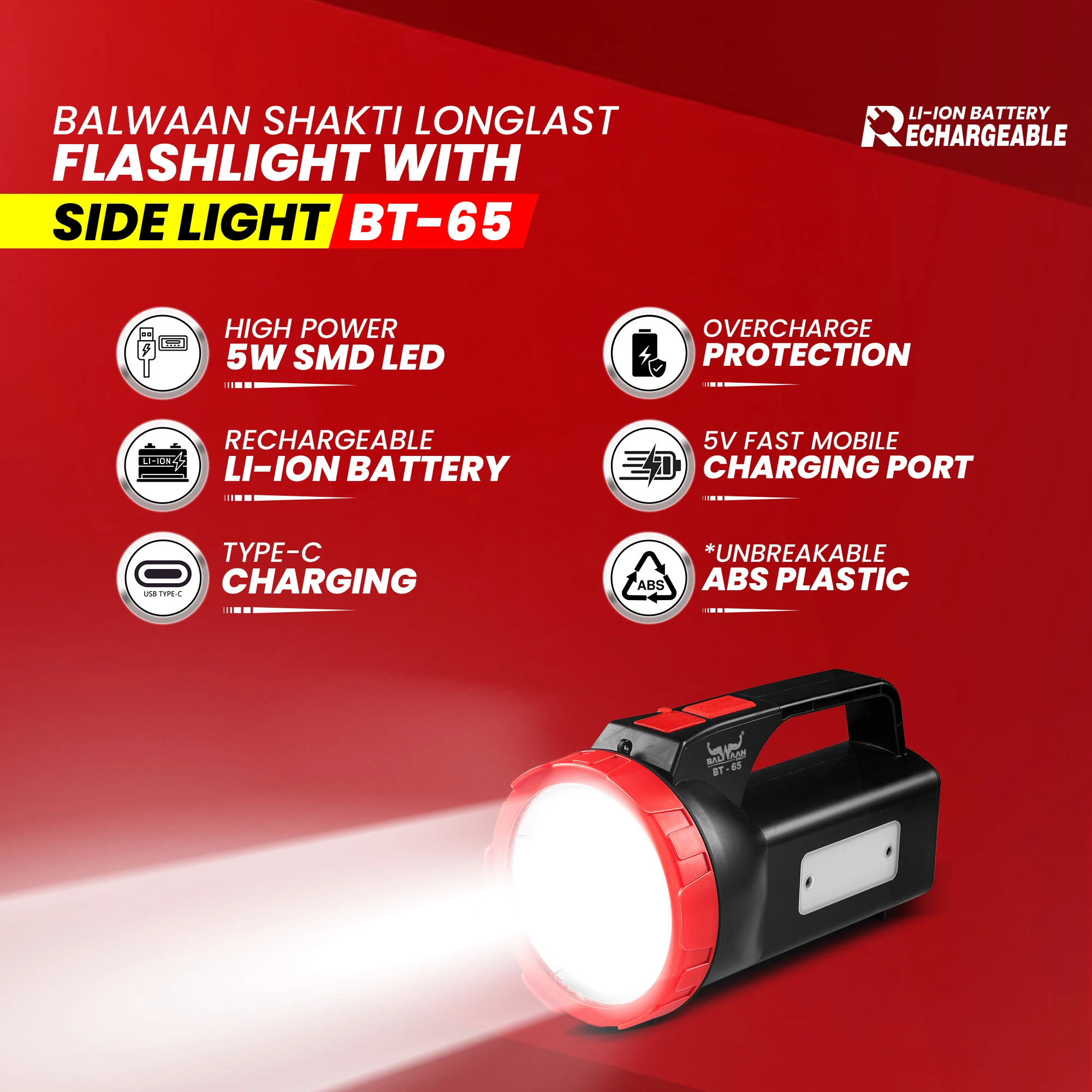 BALWAAN SHAKTI LONGLAST FLASH LIGHT TORCH WITH SIDE LIGHT BT-65 MULTI MODE 5W LED USB-C-RECHARGEBLE LIGHT