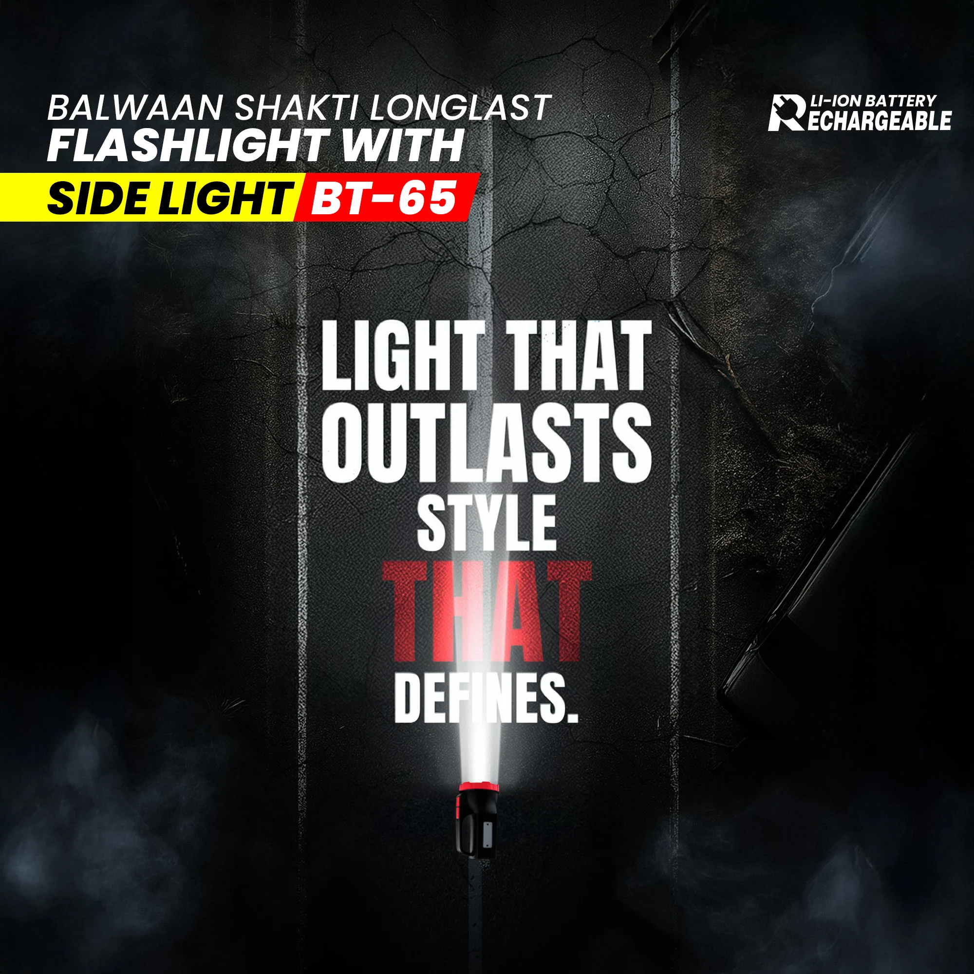 BALWAAN SHAKTI LONGLAST FLASH LIGHT TORCH WITH SIDE LIGHT BT-65 MULTI MODE 5W LED USB-C-RECHARGEBLE LIGHT