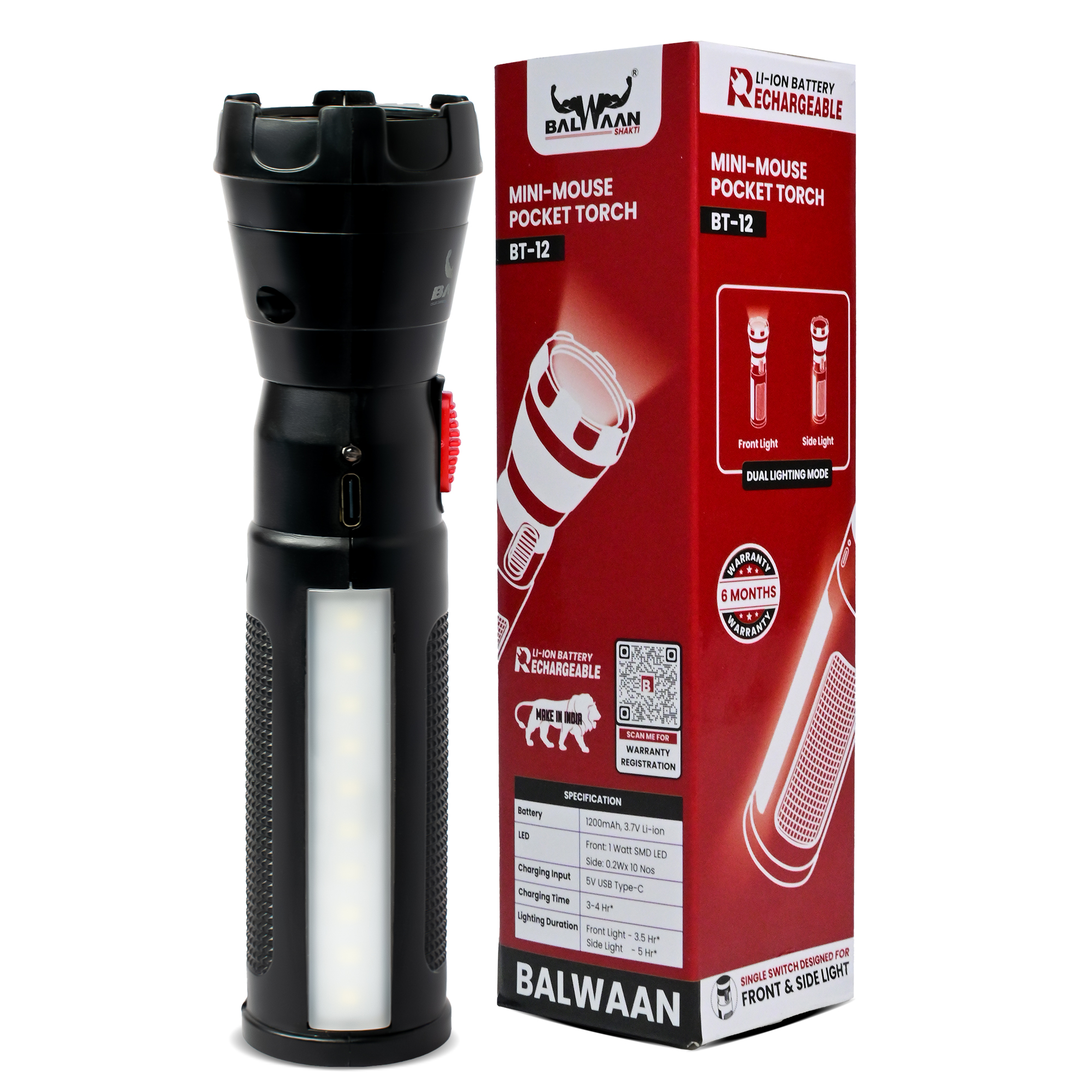 BALWAAN RECHARGEBLE BT-12LED SEARCH LIGHT TORCH TYPE-C-CHARGING FOR TREKKING AGRICULTURAL OUTDOOR ACTIVITES