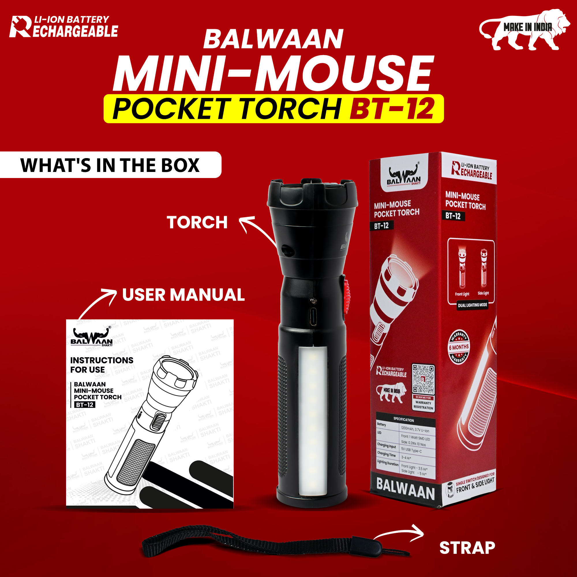 BALWAAN RECHARGEBLE BT-12LED SEARCH LIGHT TORCH TYPE-C-CHARGING FOR TREKKING AGRICULTURAL OUTDOOR ACTIVITES