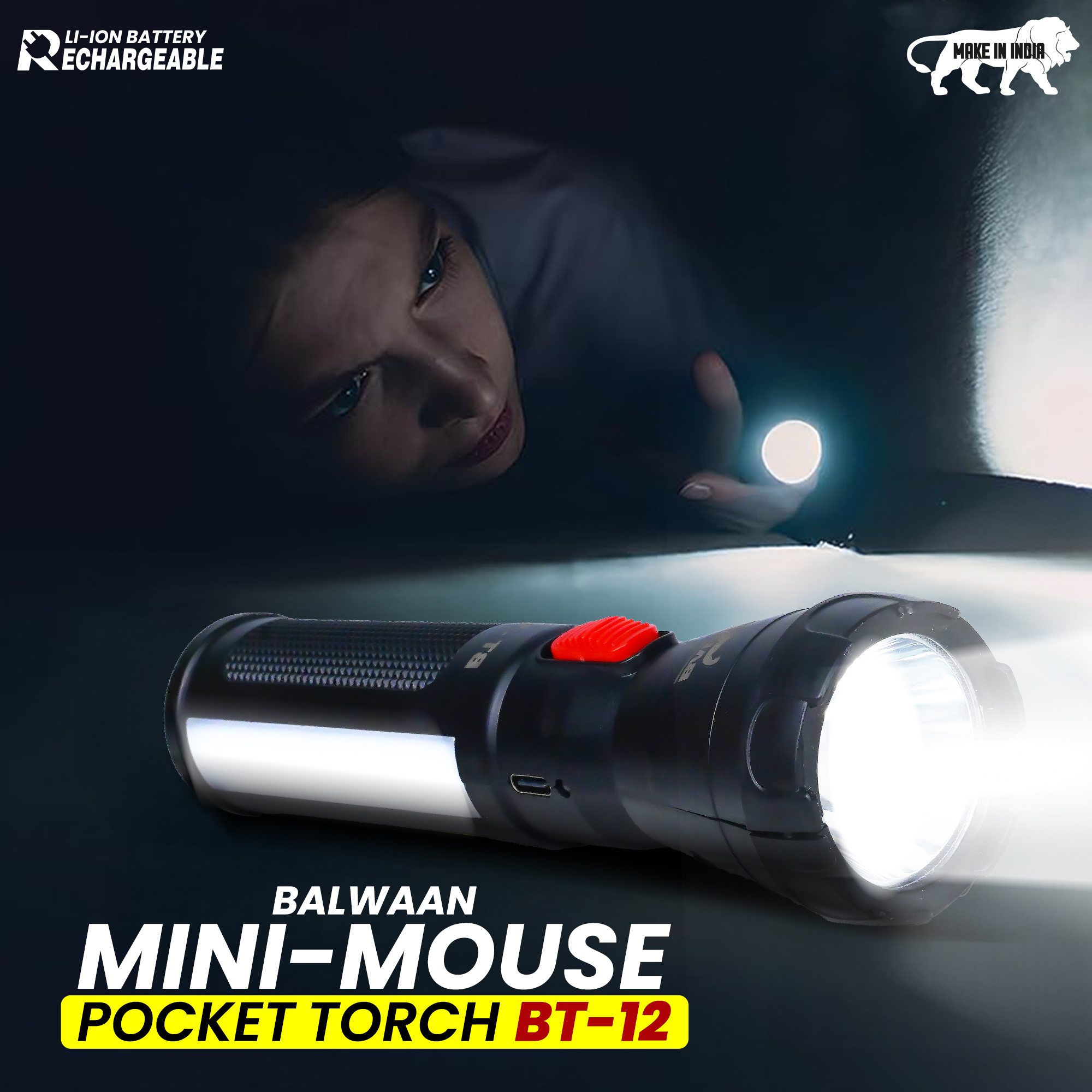 BALWAAN RECHARGEBLE BT-12LED SEARCH LIGHT TORCH TYPE-C-CHARGING FOR TREKKING AGRICULTURAL OUTDOOR ACTIVITES