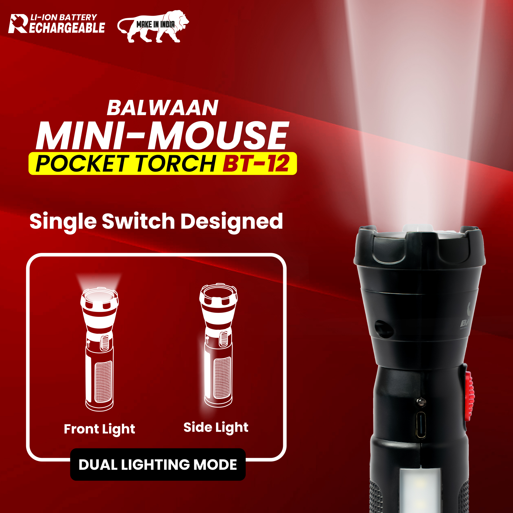 BALWAAN RECHARGEBLE BT-12LED SEARCH LIGHT TORCH TYPE-C-CHARGING FOR TREKKING AGRICULTURAL OUTDOOR ACTIVITES